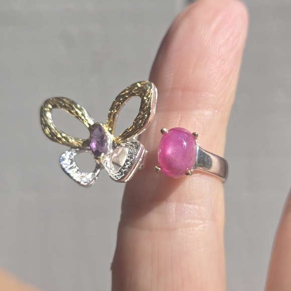 Star Ruby 3k & Amethyst butterfly sterling & gold ring sz7 adjustable open - Picture 4 of 10
